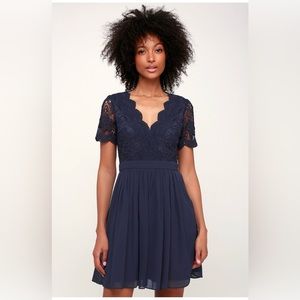 Lulus Angel in Disguise Navy Blue Lace Skater Dress